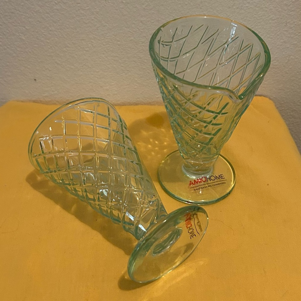 2 Amici Home green glass waffle cone dessert glasses/cups.